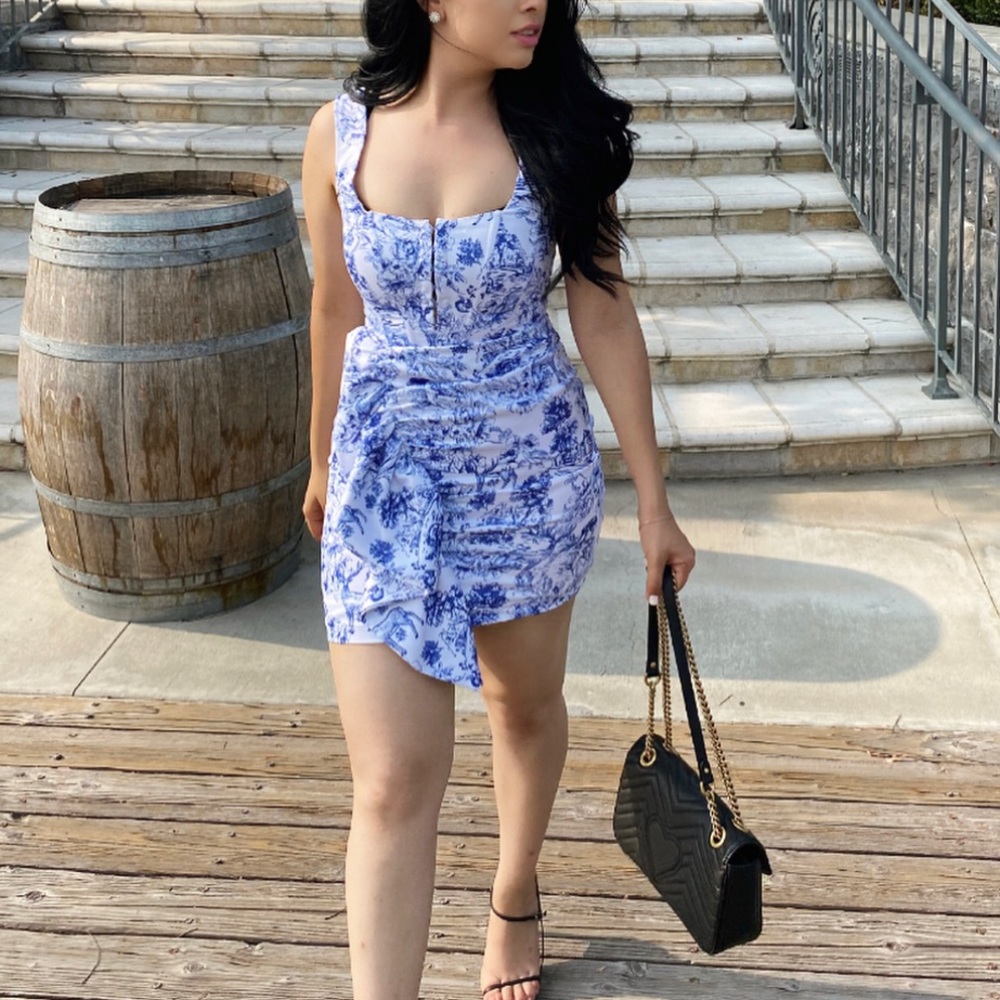 White and blue silk dress